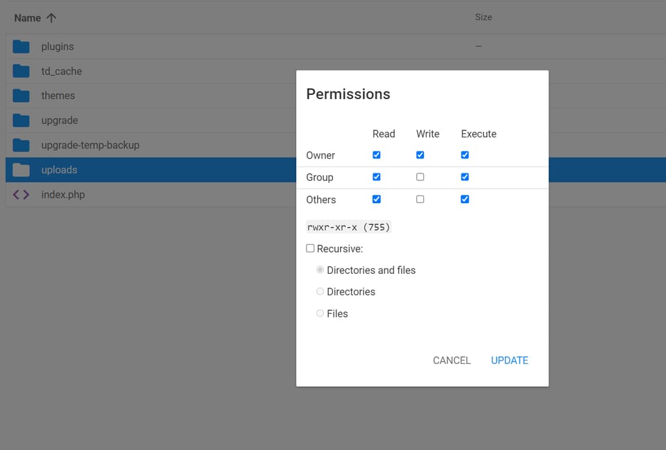 Change permission in managed hosting 2