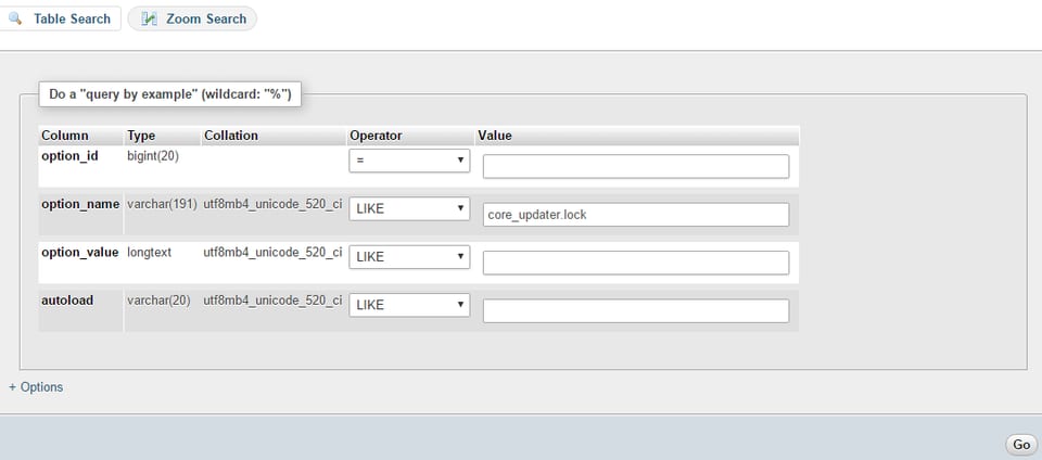 Seach for database table
